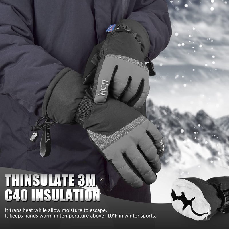 MCTi Ski Gloves,Winter Waterproof Snowboard Snow 3M Thinsulate Warm Touchscreen Cold Weather Women Gloves Wrist Leashes Grey Large - Image 3